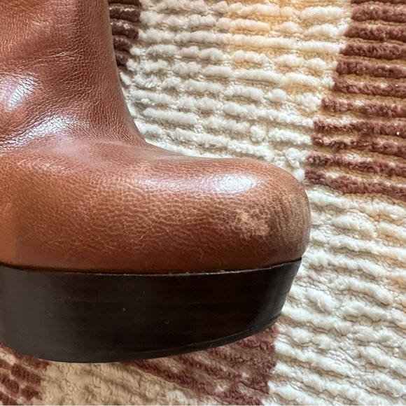 Y2K Guess Brown Leather Wood Zip Up Heeled Platform Ankle Boots Booties Fall - Picture 4 of 7